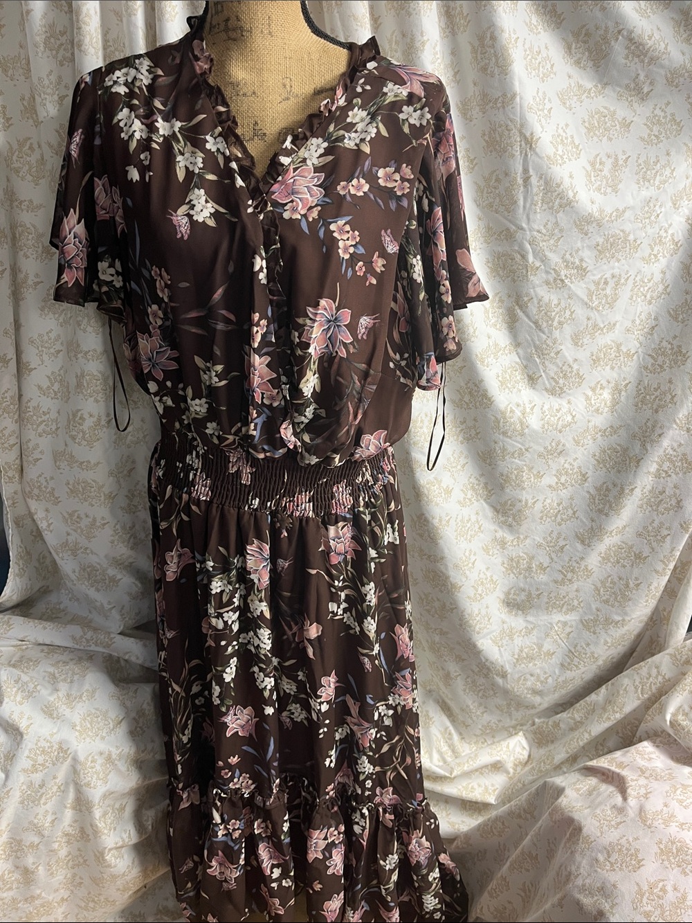 Lane Bryant Brown Floral V-Neck Ruffle maxi hi-low fully lined Dress